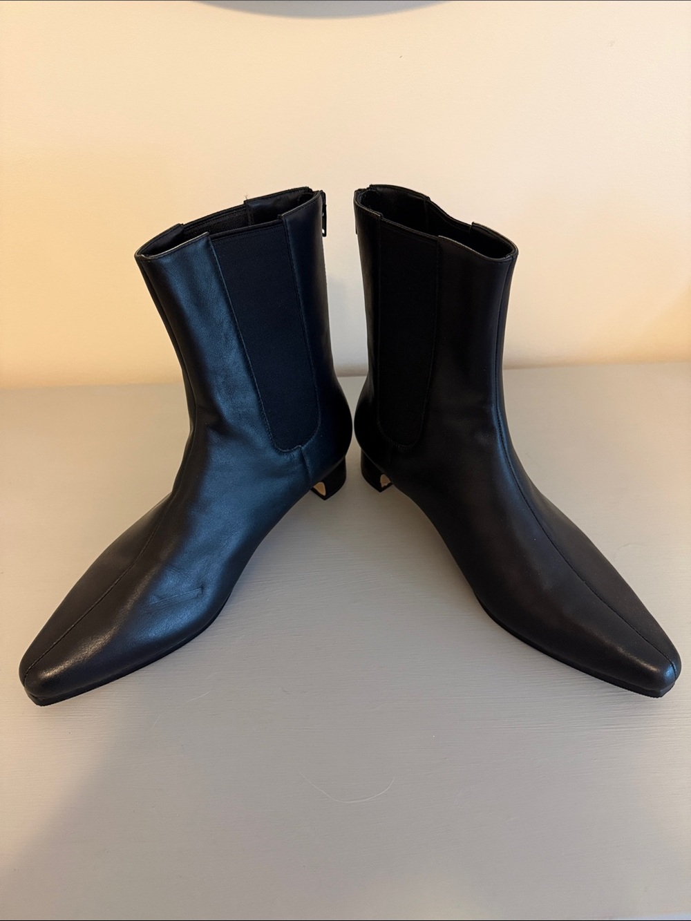 Quince Black Leather Mid-Calf Pointed Toe Heeled Boots (never worn)